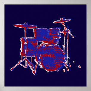 muziek, trommel kit rood en blauw poster