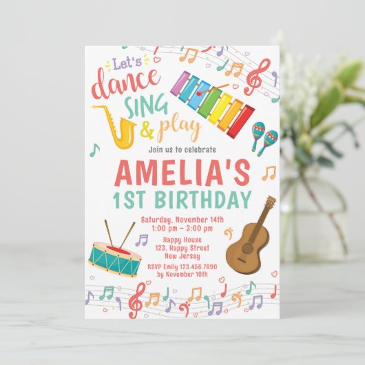 Muziek verjaardagsuitnodiging. Meisje verjaardag Kaart (Staand voorkant)