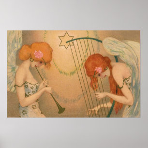 Muziek Victoriaans Angel Musicians Flute Harp Poster