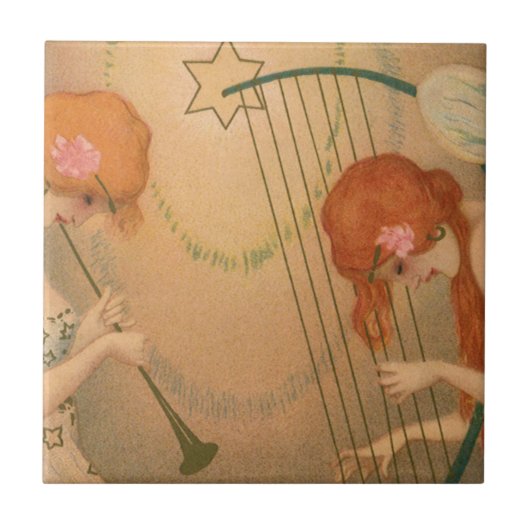 Muziek Victoriaans Angel Musicians Flute Harp Tegeltje (Voorkant)