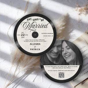 Muziek Vinyl Ivoor Zwart All One Foto QR Huwelijk Kaart