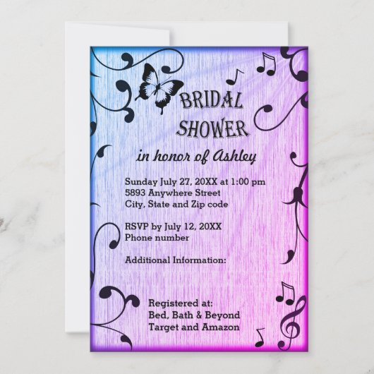 Muziek vlinder bladeren blauw & Paarse hout bruilo Kaart (Voorkant)