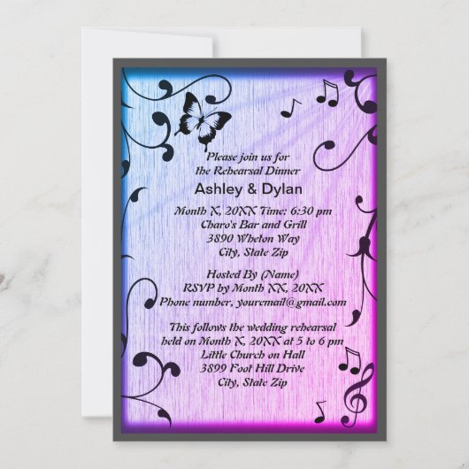 Muziek vlinder bladeren blauw & Paarse hout bruilo Kaart (Voorkant)