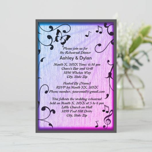 Muziek vlinder bladeren blauw & Paarse hout bruilo Kaart (Staand voorkant)