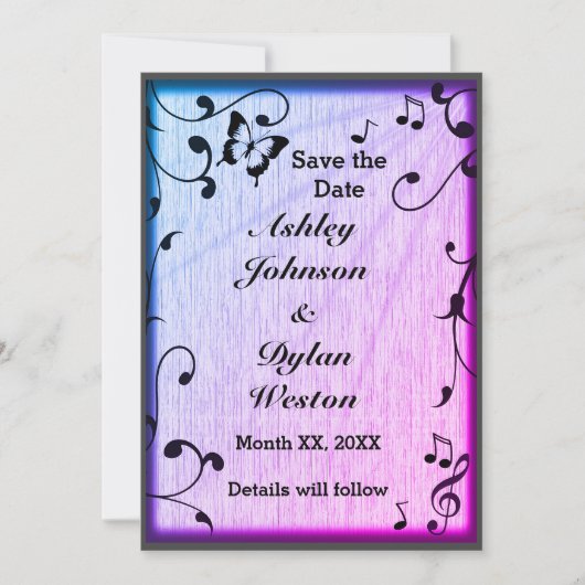 Muziek vlinder bladeren blauw & Paarse hout bruilo Save The Date (Voorkant)