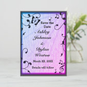 Muziek vlinder bladeren blauw & Paarse hout bruilo Save The Date (Staand voorkant)