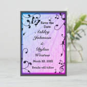 Muziek vlinder bladeren blauw & Paarse hout bruilo Save The Date (Staand voorkant)