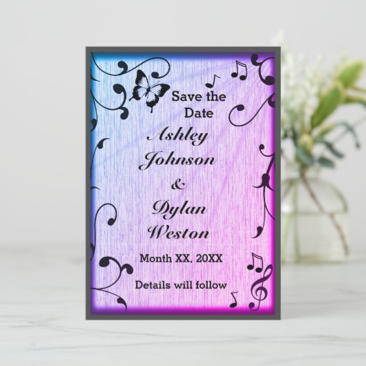 Muziek vlinder bladeren blauw & Paarse hout bruilo Save The Date (Staand voorkant)