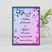 Muziek Vlinder Bladeren Blauwe & Paarse Houten Bru Save The Date (Staand voorkant)