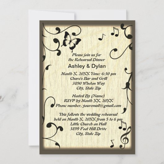 Muziek vlinder bladeren geel bruin hout bruiloft kaart (Voorkant)