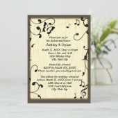 Muziek vlinder bladeren geel bruin hout bruiloft kaart (Staand voorkant)