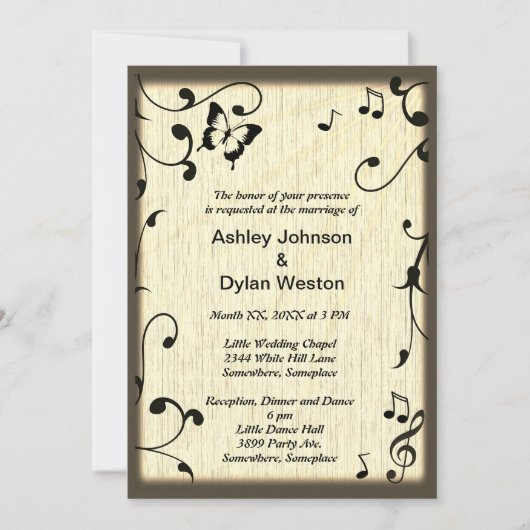 Muziek vlinder bladeren geel bruin hout bruiloft kaart (Voorkant)