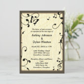 Muziek vlinder bladeren geel bruin hout bruiloft kaart (Staand voorkant)