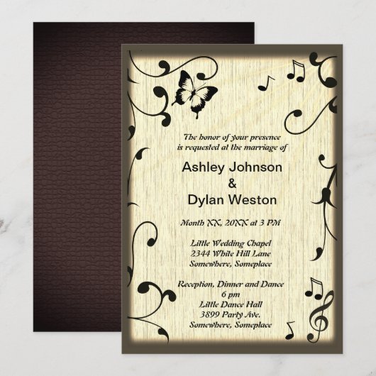 Muziek vlinder bladeren geel bruin hout bruiloft kaart (Voorkant / Achterkant)