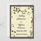 Muziek vlinder bladeren geel bruin hout bruiloft save the date (Voorkant)