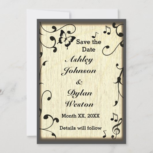 Muziek vlinder bladeren geel bruin hout bruiloft save the date (Voorkant)