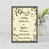 Muziek vlinder bladeren geel bruin hout bruiloft save the date (Staand voorkant)