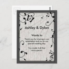 Muziek vlinder bladeren grijs & zwart hout bruilof briefkaart