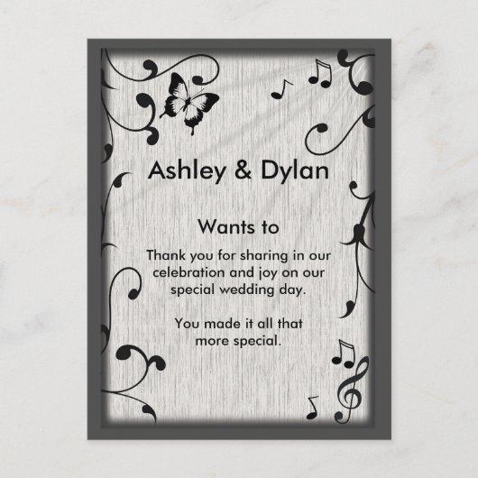 Muziek vlinder bladeren grijs & zwart hout bruilof briefkaart (Voorkant)