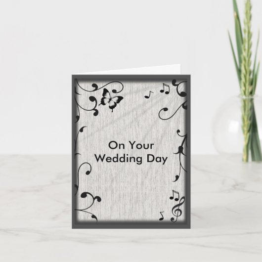 Muziek vlinder bladeren grijs & zwart hout bruilof kaart (Voorkant)