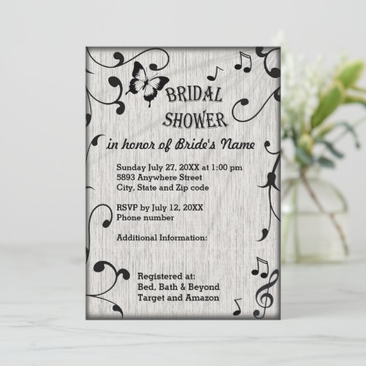 Muziek vlinder bladeren grijs & zwart hout bruilof kaart (Staand voorkant)