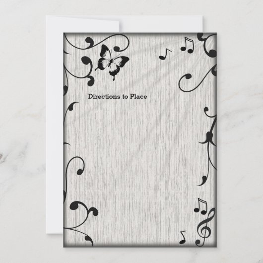 Muziek vlinder bladeren grijs & zwart hout bruilof kaart (Achterkant)