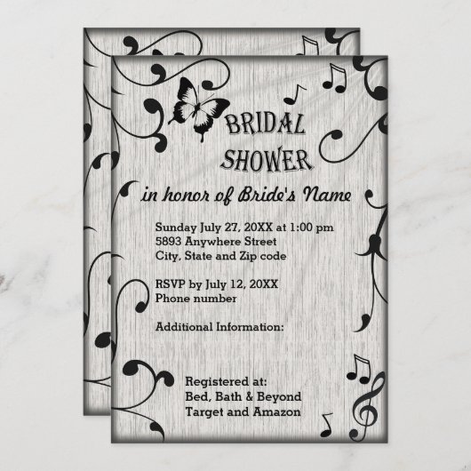 Muziek vlinder bladeren grijs & zwart hout bruilof kaart (Voorkant / Achterkant)