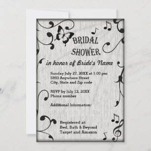 Muziek vlinder bladeren grijs & zwart hout bruilof kaart