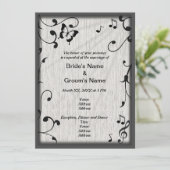 Muziek vlinder bladeren grijs & zwart hout bruilof kaart (Staand voorkant)