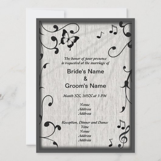 Muziek vlinder bladeren grijs & zwart hout bruilof kaart (Voorkant)