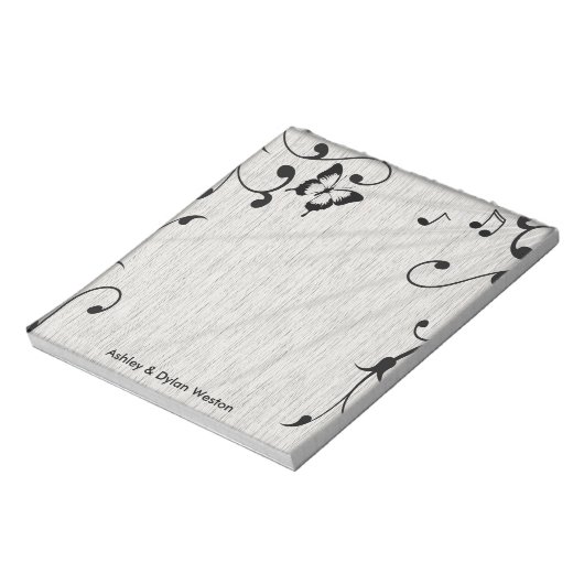 Muziek vlinder bladeren grijs & zwart hout bruilof notitieblok (Linkerzijde)
