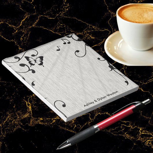 Muziek vlinder bladeren grijs & zwart hout bruilof notitieblok