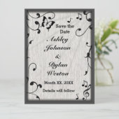Muziek vlinder bladeren grijs & zwart hout bruilof save the date (Staand voorkant)