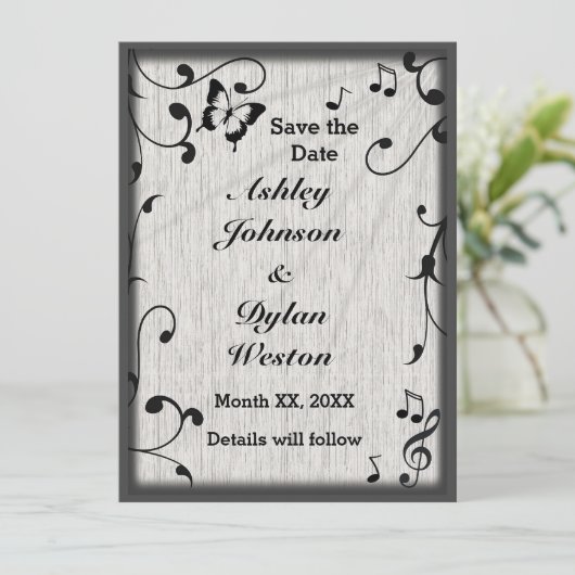 Muziek vlinder bladeren grijs & zwart hout bruilof save the date (Staand voorkant)