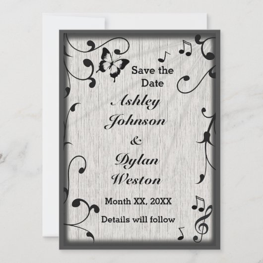 Muziek vlinder bladeren grijs & zwart hout bruilof save the date (Voorkant)