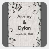 Muziek vlinder bladeren grijs & zwart hout bruilof vierkante sticker (Voorkant)