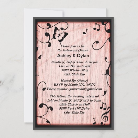 Muziek vlinder laat roze hout repetitie diner kaart (Voorkant)