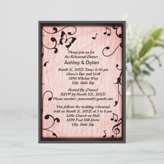 Muziek vlinder laat roze hout repetitie diner kaart (Staand voorkant)