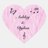Muziek vlinder laat roze Paarse houten bruiloft Hart Sticker (Voorkant)