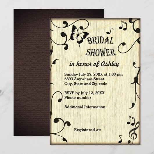 Muziek, vlinder, Vrijgezellenfeest met lederhout Kaart (Voorkant / Achterkant)