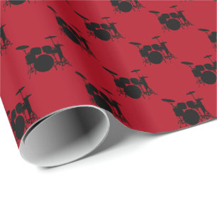 Muziek Zwarte Drum Set op Donkerrood Cadeaupapier