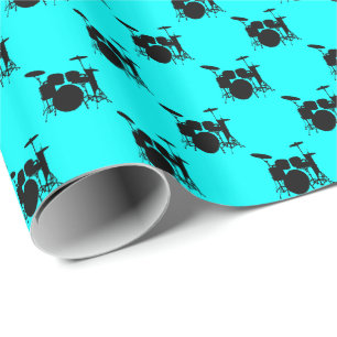 Muziek Zwarte Drumstel op Aqua Blauw Cadeaupapier
