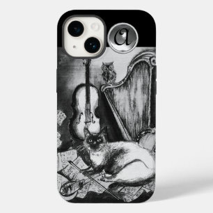 Muziekaal kat,uil, viool,harp Zwart Wit Grijs Muzi iPhone 14 Hoesje