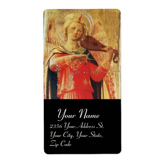 MUZIEKANGEL IN RODE EN GOUD, zwart Etiket (Voorkant)