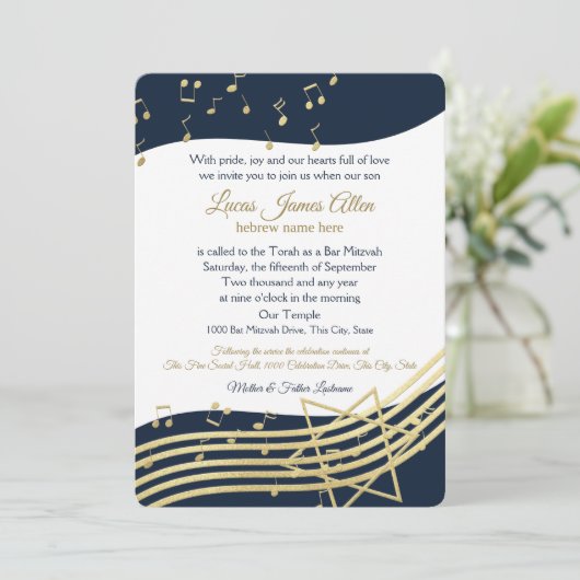 Muziekbar Mitswa blauw en goud met kleurveranderin Kaart (Staand voorkant)