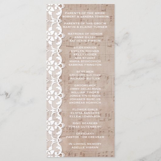 muziekblad en programma Lace Wedding Aangepast Programmakaart (Achterkant)
