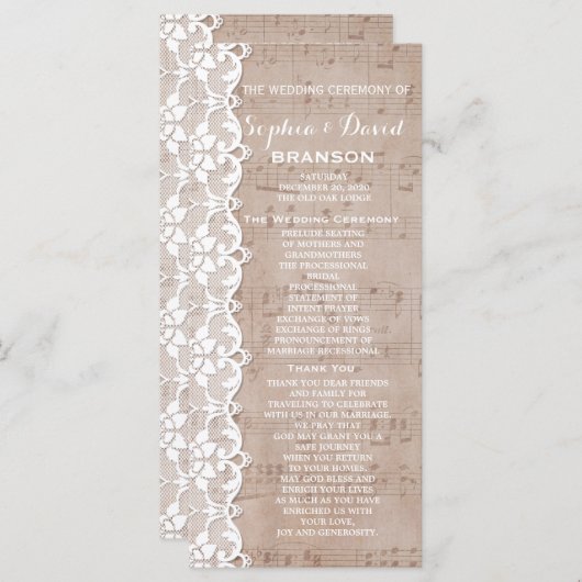  muziekblad en programma Lace Wedding Aangepast Programmakaart (Voorkant / Achterkant)