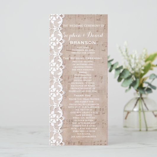 muziekblad en programma Lace Wedding Aangepast Programmakaart (Staand voorkant)