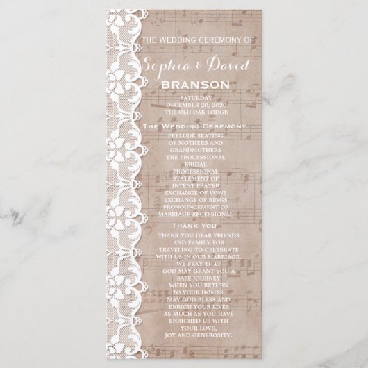  muziekblad en programma Lace Wedding Aangepast Programmakaart (Voorkant)