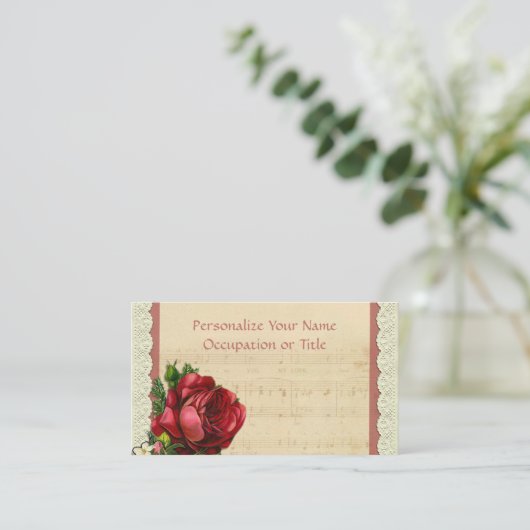 Muziekblad met rode roze & kant visitekaartje (Staand voorkant)